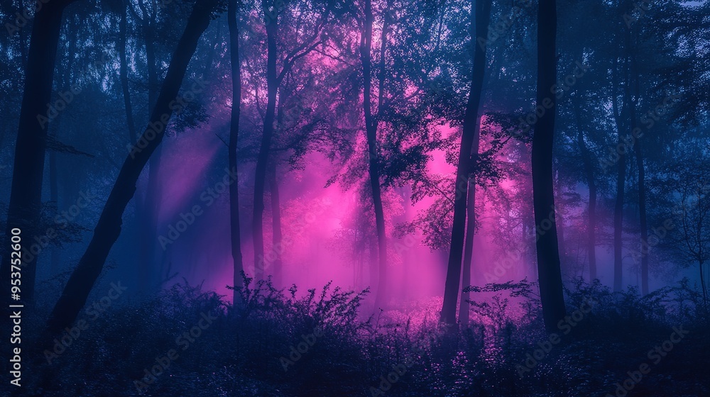 Mysterious purple and pink hues illuminate a foggy forest at dusk, creating a dreamlike atmosphere among the towering trees Mysterious purple and pink hues illuminate a foggy forest at dusk, creating a dreamlike atmosphere among the towering trees