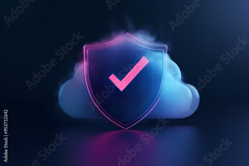 3D render of a cloud security shield with a checkmark icon on a dark background,
