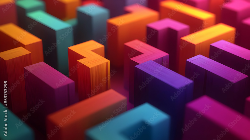 Fototapeta premium Abstract 3D colorful blocks in a maze-like pattern.