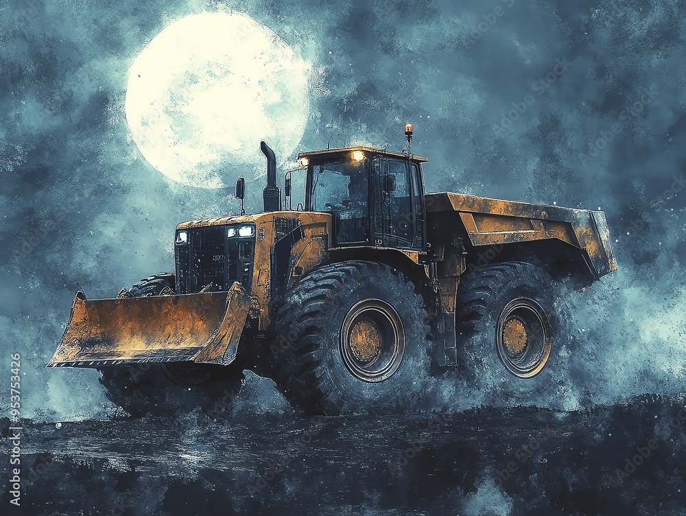 Front loader operating under a full moon, eerie night scene, watercolor style