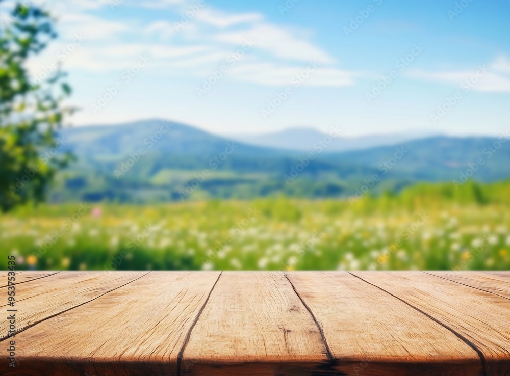 Spring background with a wooden table top and a blurred green meadow landscape Spring background with a wooden table top and a blurred green meadow landscape