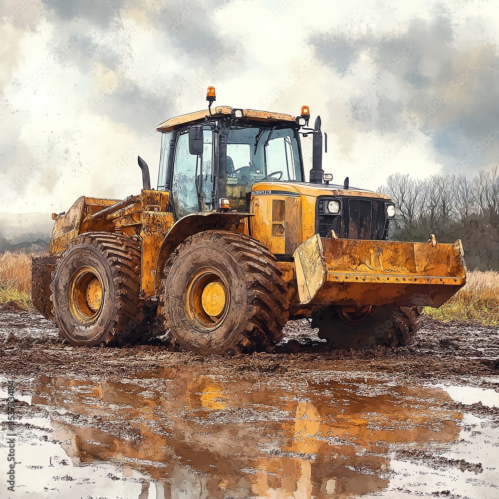 Front loader parked in a muddy field, overcast sky, watercolor style Front loader parked in a muddy field, overcast sky, watercolor style
