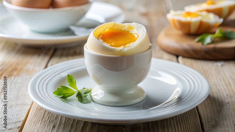A delicate, creamy soft-boiled egg sits on a crisp white plate, its gentle curve and translucent whites inviting A delicate, creamy soft-boiled egg sits on a crisp white plate, its gentle curve and translucent whites inviting