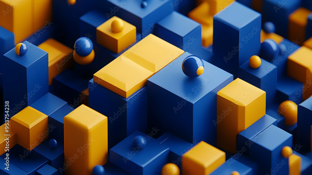 Abstract 3D geometric shapes of blue and yellow cubes and spheres in a random formation. Abstract 3D geometric shapes of blue and yellow cubes and spheres in a random formation.