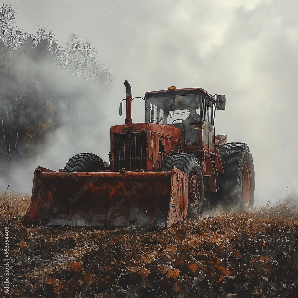 Grader on a foggy morning, working through the mist, mysterious atmosphere, watercolor style Grader on a foggy morning, working through the mist, mysterious atmosphere, watercolor style