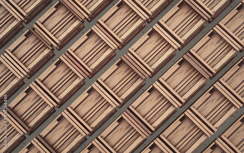 Wooden crate pattern. Wooden crates arranged in a diagonal pattern, creating a visual illusion of depth and perspective. Wooden crate pattern. Wooden crates arranged in a diagonal pattern, creating a visual illusion of depth and perspective.