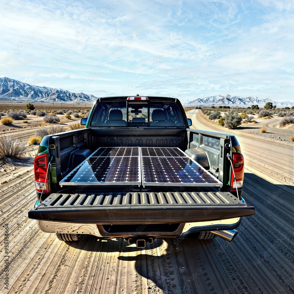 Solar Lorry Solar Truck Journey. A pickup truck with solar panels on its bed drives ...