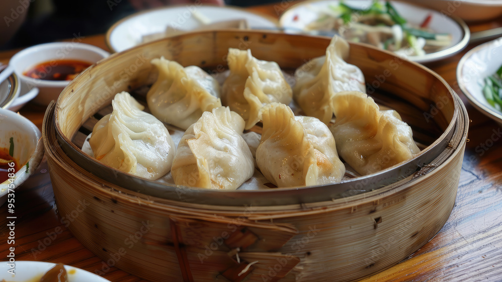 Ukrainian dumplings in wood basket, served with various dipping sauces. Ukrainian dumplings in wood basket, served with various dipping sauces.