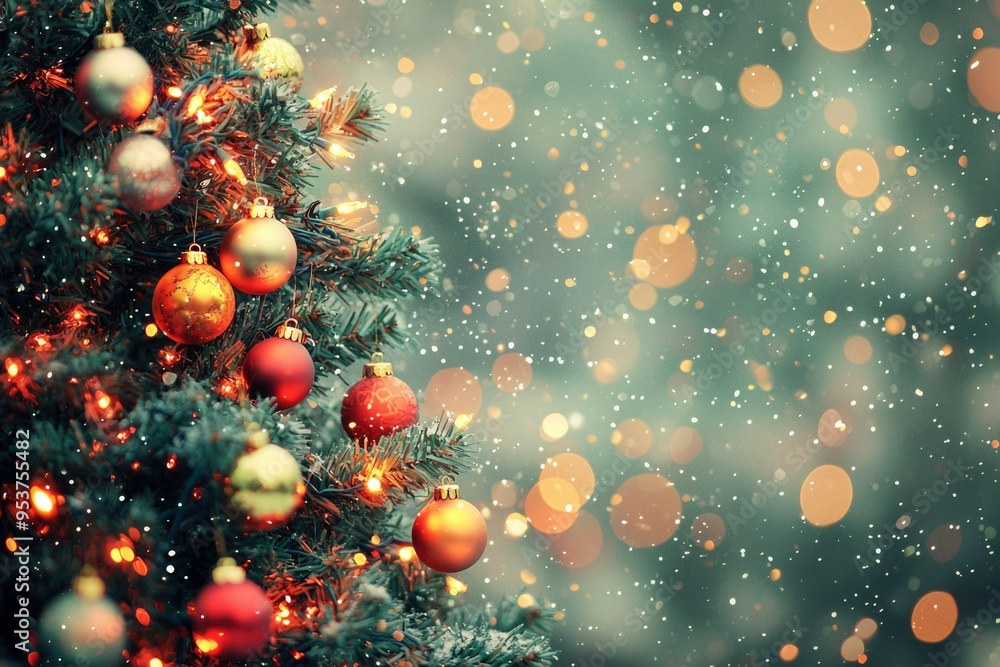 Close-up of a Decorated Christmas Tree with Snow and Lights Close-up of a Decorated Christmas Tree with Snow and Lights
