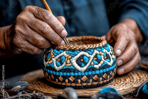 American Indian Art, Weaving, and Craftsmanship visualized in a workshop where an artisan weaves a basket with intricate designs symbolizing tribal stories