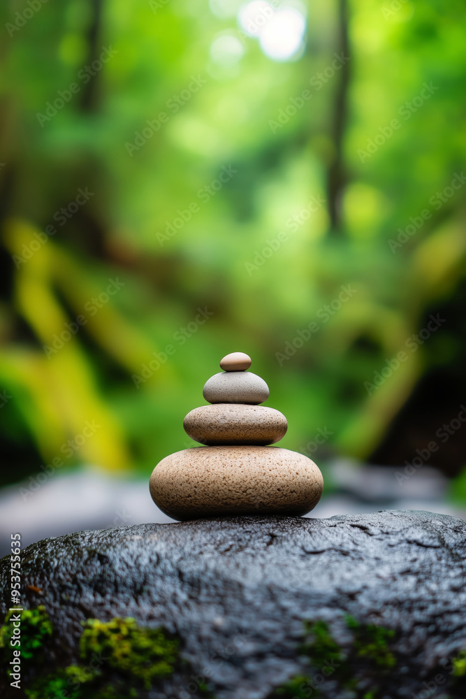 A balanced stack of smooth stones placed on a moss-covered rock, surrounded by a lush green forest, embodying tranquility and mindfulness. A balanced stack of smooth stones placed on a moss-covered rock, surrounded by a lush green forest, embodying tranquility and mindfulness.