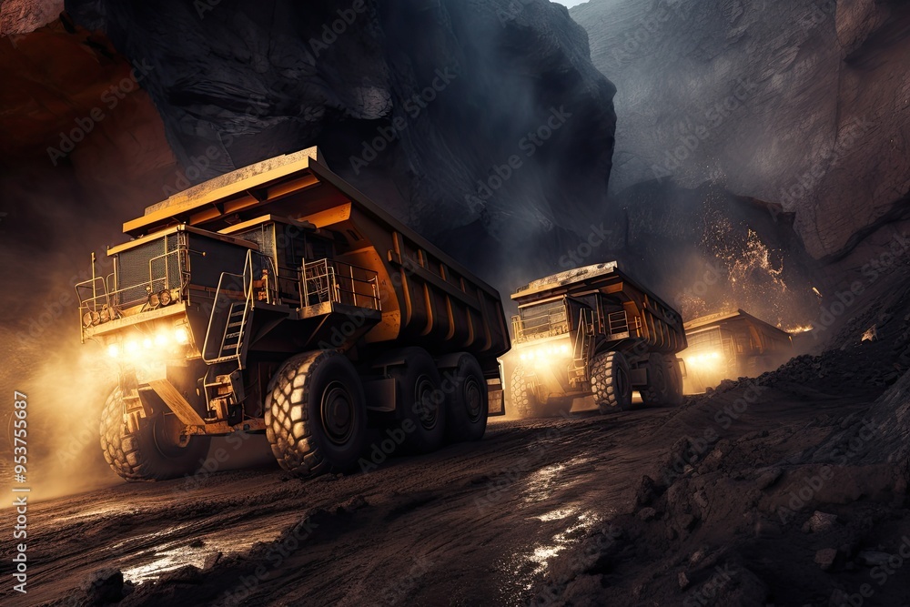 Several huge quarry trucks carry the rock for beneficiation and processing. Large mining trucks work the night shift Several huge quarry trucks carry the rock for beneficiation and processing. Large mining trucks work the night shift