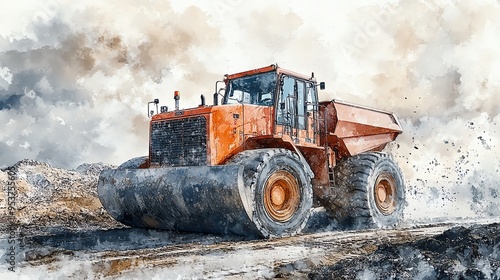 Road roller in a mining site, leveling the ground, industrial landscape, watercolor style photo