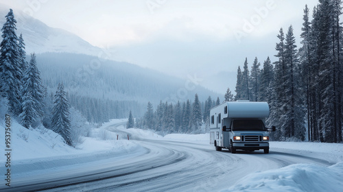 Motorhome Driving on a Snowy Mountain Road Surrounded by Winter Forest