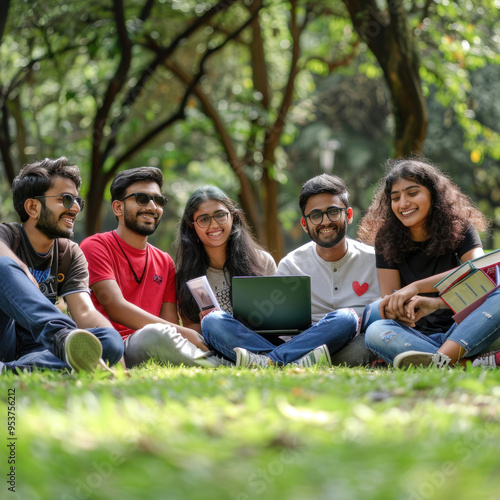 indian college student group studying at park photo