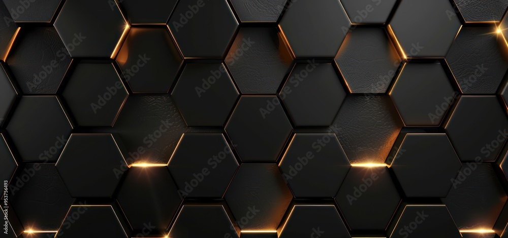Abstract Black Hexagon Wall with Golden Glow Abstract Black Hexagon Wall with Golden Glow