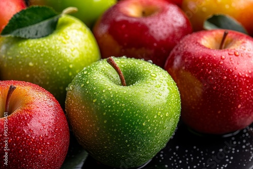 Apple Garden Flavors, Crisp, and Sweet shown in a close-up of different apple varieties, each with a distinct color and flavor, ready to be tasted photo