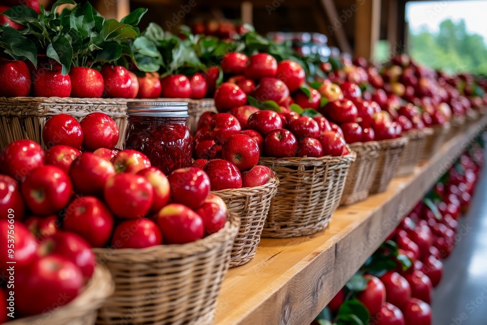 Apple Garden Gathering, Baskets, and Preserves depicted in a kitchen where apples are being turned into homemade preserves, with jars and baskets of apples filling the space Apple Garden Gathering, Baskets, and Preserves depicted in a kitchen where apples are being turned into homemade preserves, with jars and baskets of apples filling the space