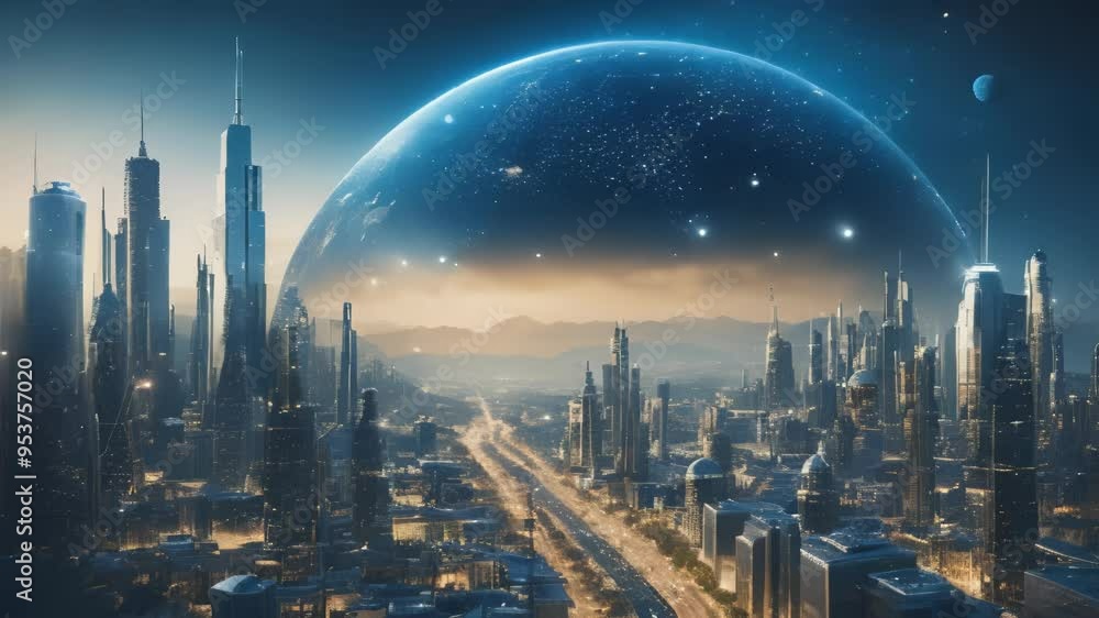 Futuristic Cityscape with Blue Planet and Starry Sky Futuristic Cityscape with Blue Planet and Starry Sky