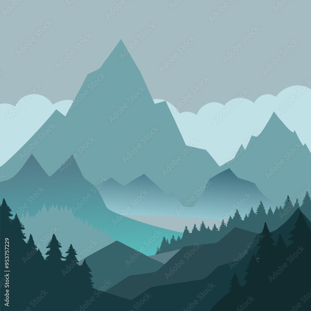Fototapeta premium A serene mountain landscape with lush forests and a winding river, rendered in a minimalist style with soft, muted colors. This serene and minimalist vector illustration evokes a sense of and peace.