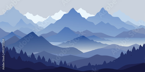  A minimalist illustration of a mountain range, with a soft blue palette and a subtle gradient effect.