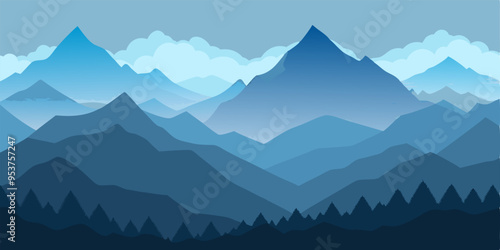 A stunning, minimalist illustration of a mountain range with a blue color scheme and a touch of clouds.  This graphic is perfect for adding a peaceful and serene feel to any design.