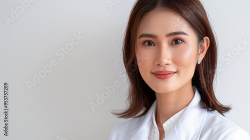 A confident young woman wearing a white coat poses in front of a clean background