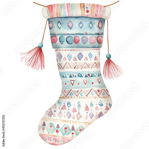 3. Christmas stocking clipart, boho design with tassels and geometric patterns, watercolor illustration, pastel colors, isolated on white background photo