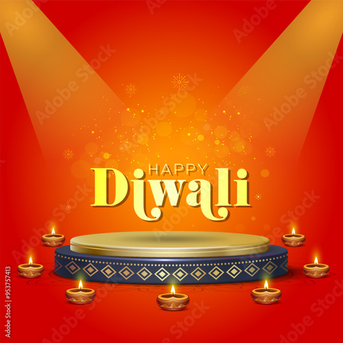 Concept of indian festival of lights Diwali. Happy Diwali typography with decorative podium and diya light on vibrant red background. photo