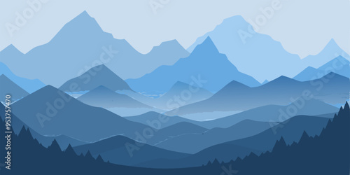  A minimalist illustration of a mountain range, rendered in shades of blue. The layered peaks create a sense of depth and serenity, ideal for modern, calming designs.