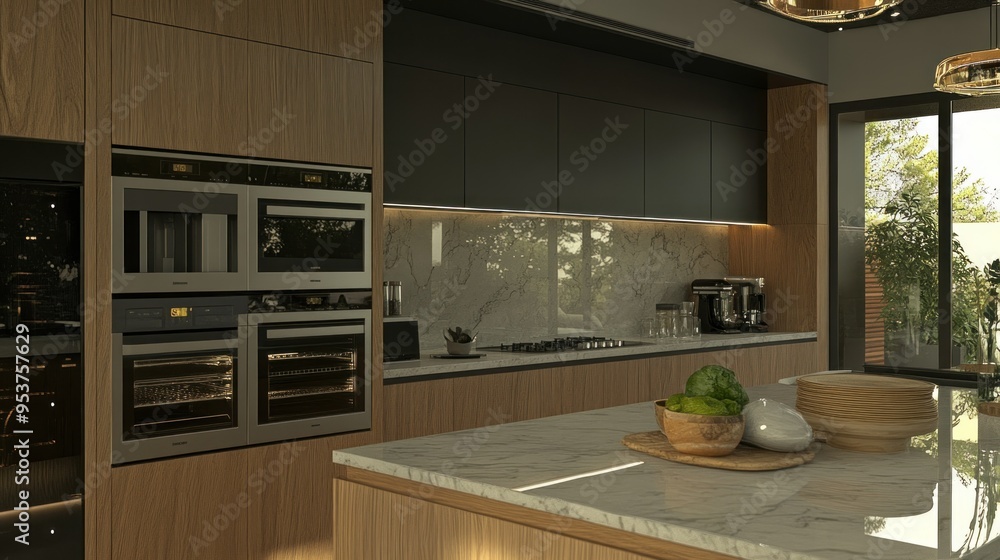 Fototapeta premium Modern Kitchen Interior with Stainless Steel Appliances and Marble Countertops