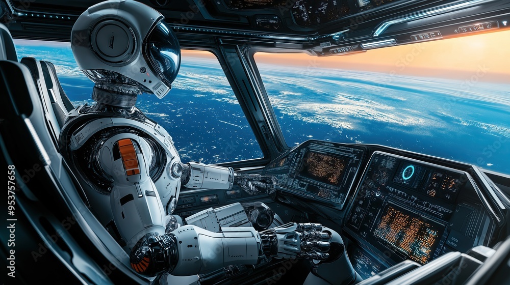 AI Robot Piloting a Spaceship in Orbit Above Earth AI Robot Piloting a Spaceship in Orbit Above Earth