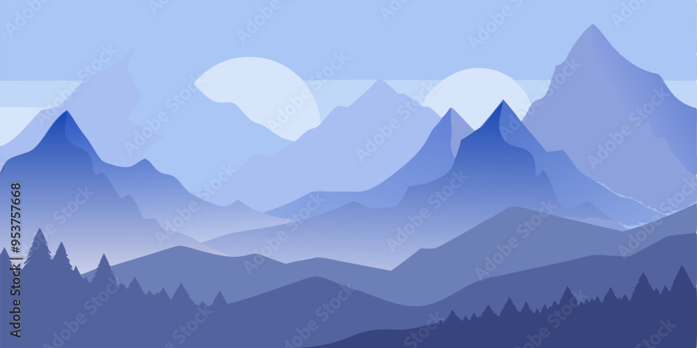 A minimalist, blue-toned illustration of a mountain range, with a soft, hazy sky in the background. Perfect for creating a serene and tranquil atmosphere in your designs. A minimalist, blue-toned illustration of a mountain range, with a soft, hazy sky in the background. Perfect for creating a serene and tranquil atmosphere in your designs.