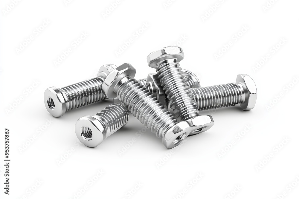 A close-up of several shiny metal bolts arranged in a scattered pile on a white background. A close-up of several shiny metal bolts arranged in a scattered pile on a white background.