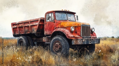 Vintage dump truck in an overgrown field, nostalgic rural scene, watercolor style