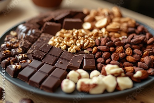 Dark Chocolate Bars, Almonds, Walnuts, and Hazelnuts on a Plate