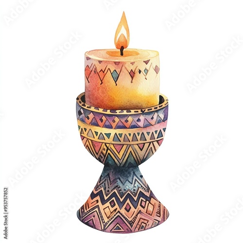 6. Boho Christmas candle clipart, in a decorative holder with tribal patterns, watercolor illustration, natural tones, isolated on white background photo