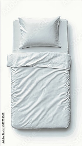 Top-down view of a single bed with white sheet bedding and pillow, clean and minimalist bedroom setup, perfect for kids' room or guest space, featuring smooth, crisp sheets.