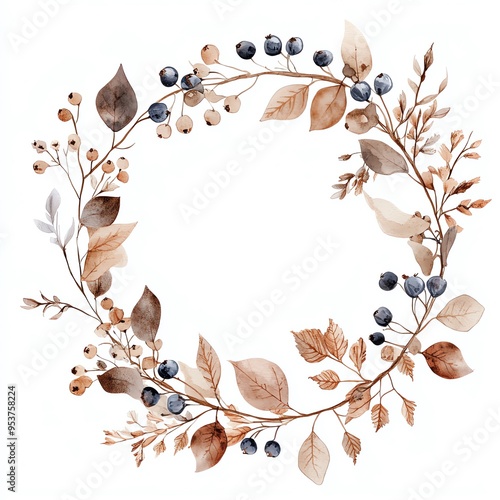 8. Boho Christmas garland clipart, made of dried leaves and berries, watercolor illustration, earthy tones, isolated on white background photo