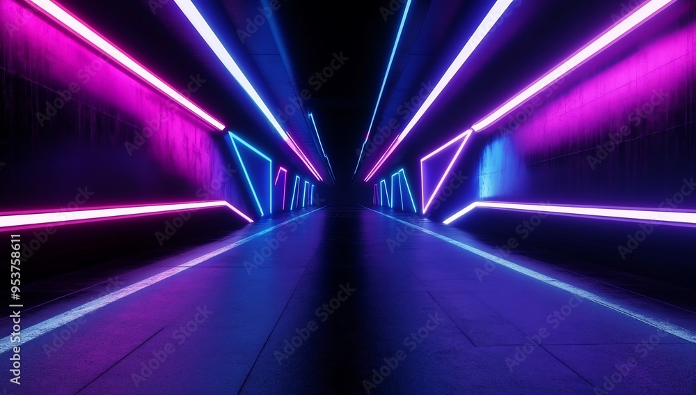 abstract dark background with neon light stripes on a black floor abstract dark background with neon light stripes on a black floor