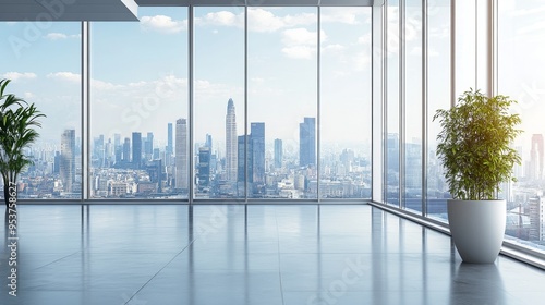 A high-quality AI-generated stock image of a sleek modern office with a city skyline view on the right side, leaving ample space on the left for text. Perfect for business, corporate.