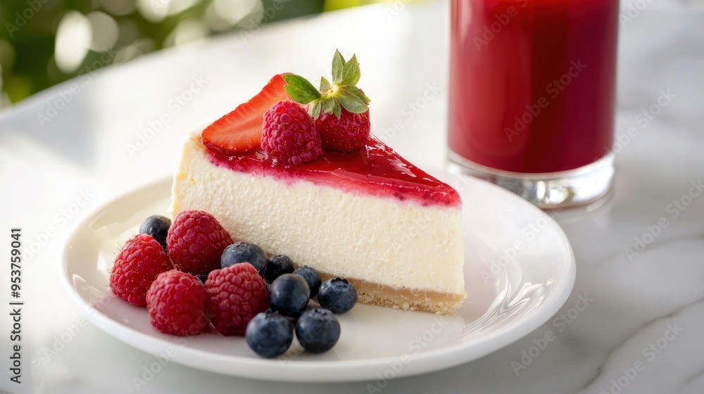 New York cheesecake, creamy and rich, berry topping.
with strawberries, blueberries and raspberries on top of a white plate. A glass of red juice is next to the plate New York cheesecake, creamy and rich, berry topping.
with strawberries, blueberries and raspberries on top of a white plate. A glass of red juice is next to the plate