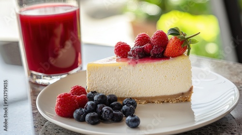  New York cheesecake, creamy and rich, berry topping. with strawberries, blueberries and raspberries on top of a white plate. A glass of red juice is next to the plate