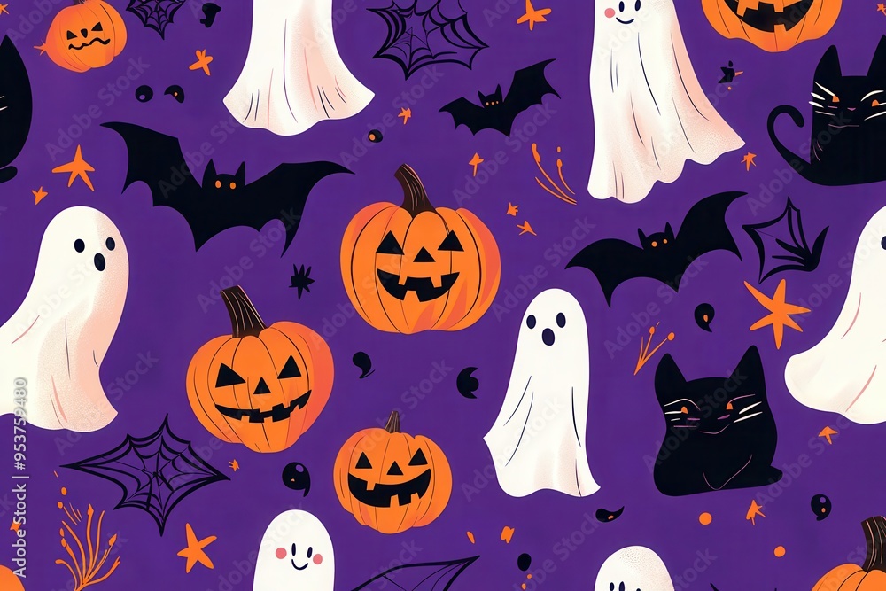Seamless Halloween pattern with ghosts, pumpkins, bats, and black cats on a purple background, perfect for festive decorations or fabrics. Seamless Halloween pattern with ghosts, pumpkins, bats, and black cats on a purple background, perfect for festive decorations or fabrics.