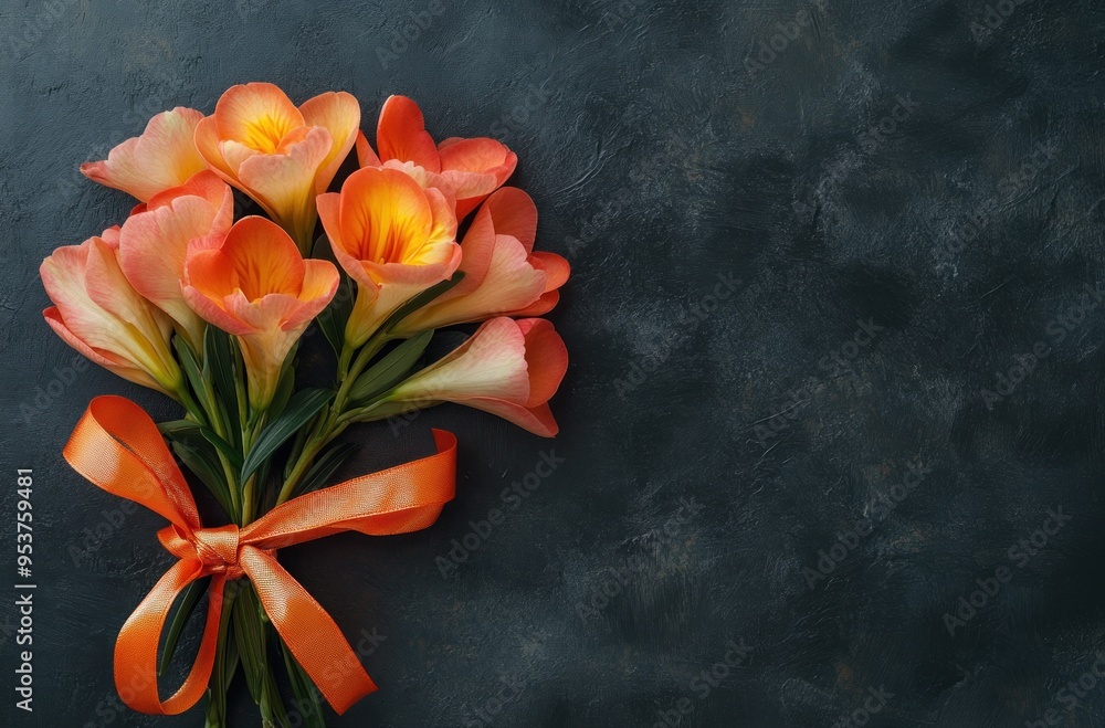 Orange Flowers with Ribbon on Black Background Orange Flowers with Ribbon on Black Background
