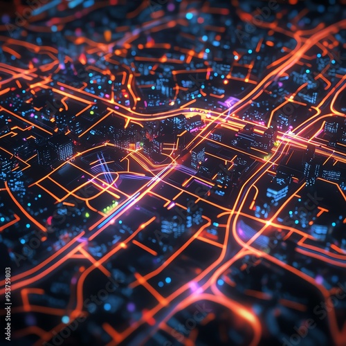 18. A digital city map with AI-powered traffic management, showing optimized routes with glowing paths photo