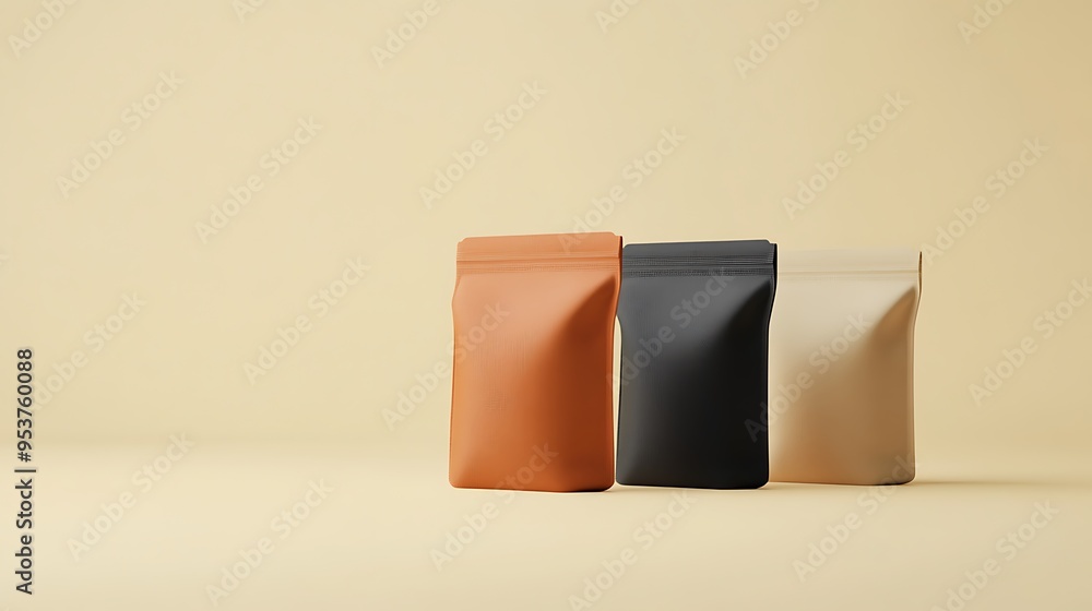 Three Stand-Up Pouches in Orange, Black, and Beige Three Stand-Up Pouches in Orange, Black, and Beige