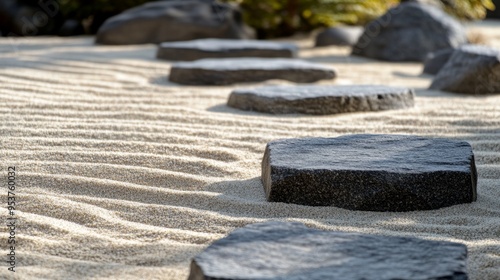 A high-quality AI-generated stock image of a serene Zen rock garden with stones and sand on the right side, leaving ample space on the left for text. Perfect for relaxation, meditation.