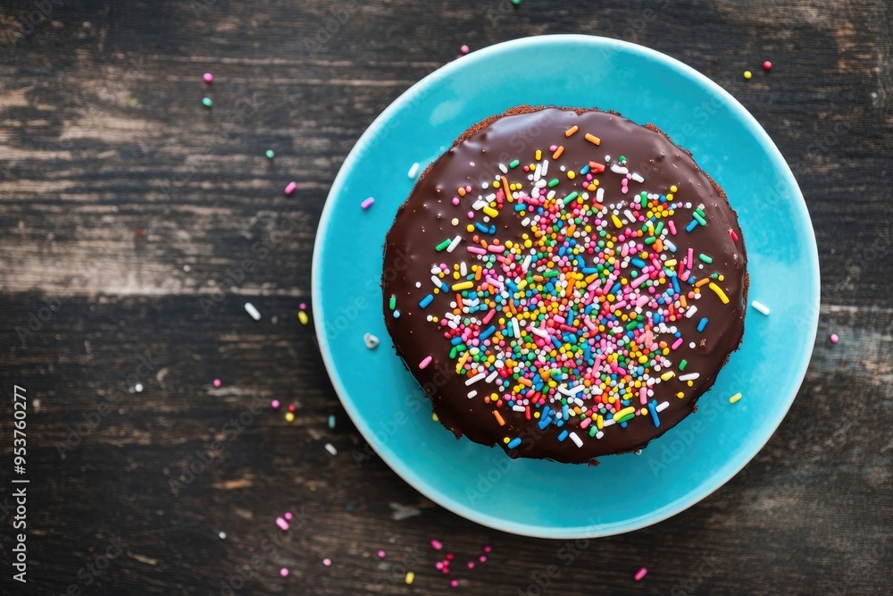 Chocolate Cake Topped with Sprinkles on Blue Plate Chocolate Cake Topped with Sprinkles on Blue Plate