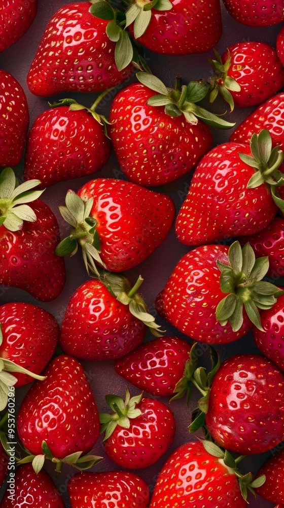 A vibrant collection of ripe strawberries with bright green leaves laid out on a dark background A vibrant collection of ripe strawberries with bright green leaves laid out on a dark background